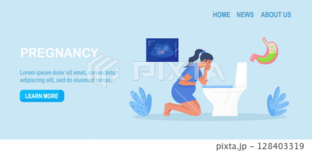 Pregnant woman suffering from nausea, vomit, morning sickness symptoms. Character stands over the toilet, holding her stomach with hand. Pregnancy symptoms, stomach ache. Digestive problem, gastritis Pregnant woman suffering from nausea, vomit, morning sickness symptoms. Character stands over the toilet, holding her stomach with hand. Pregnancy symptoms, stomach ache. Digestive problem, gastritis 128403319