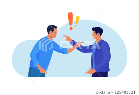 Business conflict, rivalry among colleagues. Two men arguing and fighting. Colleagues debating or misunderstanding. People quarrel and swear. Aggressive characters yell at each other 128403321