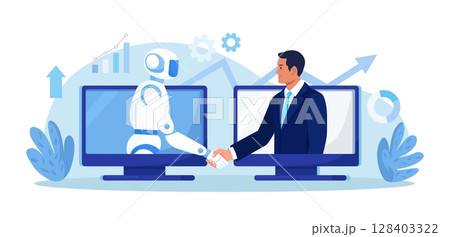 Ai robot and businessman shaking hands. Partnership between man and humanoid robot. Collaboration between human and artificial intelligence. Robotization in business 128403322