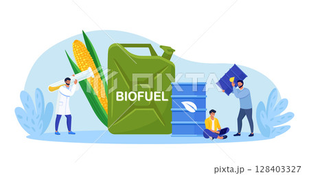 Biodiesel or biogas production green energy from corn plant. Eco friendly fuel for petrol station. People use biofuel. Scientist create fuel of natural materials.Man holding bio gasoline oil canister Biodiesel or biogas production green energy from corn plant. Eco friendly fuel for petrol station. People use biofuel. Scientist create fuel of natural materials.Man holding bio gasoline oil canister 128403327