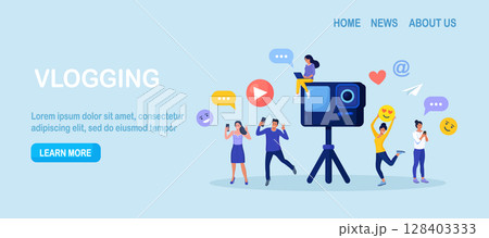 Blogger people make video blog content, channel in social media. Man in front of phone camera recording video to share it in internet. Live streaming, broadcast. Online conferencing and communication 128403333