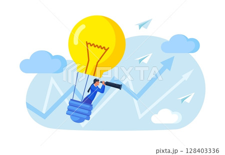 Search for new business idea, opportunity, inspiration. Businessman flying in hot air balloon as light bulb. Person using spyglass, telescope looking for vision, future. Innovation successful project 128403336