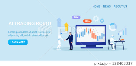 Artificial intelligence, robot trader. Trading bot analyze market data, financial exchange, earning profit. AI for automation trading on stock market. Digital currency market transactions 128403337