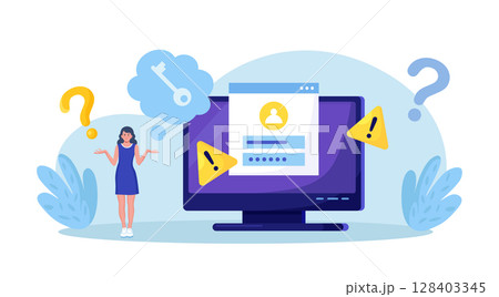 Confused woman forgetting her password for web page. User assistance and password reset services. Person who forgot his personal data when he wanted to log in. Authorization and identification 128403345