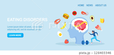 Eating disorders as psychological illness. Excessive weight control, food limitation. Woman worrying about her appearance, doing exercise. Addiction to slimming, dieting and mental guilty feeling 128403346