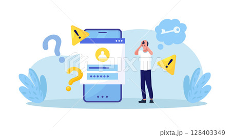 Confused man forgetting her password for web page. User assistance and password reset services. Person who forgot his personal data when he wanted to log in. Authorization and identification Confused man forgetting her password for web page. User assistance and password reset services. Person who forgot his personal data when he wanted to log in. Authorization and identification 128403349