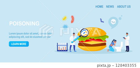 Woman with symptoms of food poisoning is holding a sick stomach. Nausea, intoxication. Inspector doing quality control of fast food. Food poisoning poor quality hamburger. Pathogenic microorganisms 128403355