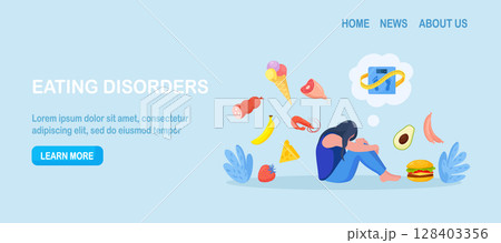 Eating disorders as psychological illness. Excessive weight control. Depressed woman worries about being overweight. Addiction to slimming, mental guilty feeling. Overeating, bulimia, anorexia Eating disorders as psychological illness. Excessive weight control. Depressed woman worries about being overweight. Addiction to slimming, mental guilty feeling. Overeating, bulimia, anorexia 128403356