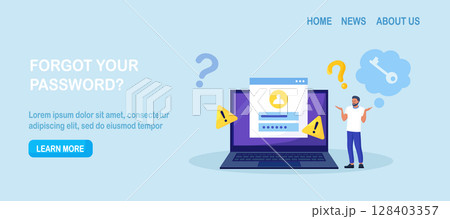 Confused man forgetting her password for web page. User assistance and password reset services. Person who forgot his personal data when he wanted to log in. Authorization and identification Confused man forgetting her password for web page. User assistance and password reset services. Person who forgot his personal data when he wanted to log in. Authorization and identification 128403357