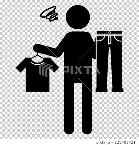 一個人在選擇衣服時遇到困難的象形圖 一個人在選擇衣服時遇到困難的象形圖 128403421