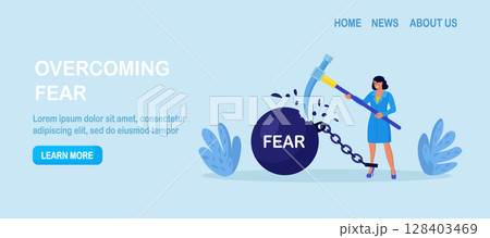 Businessman fighting with fear. Person smashed chained fear ball. Overcome fear, challenge difficulty. Character win over obstacle or difficulty. Confrontation or confidence to defeat fear Businessman fighting with fear. Person smashed chained fear ball. Overcome fear, challenge difficulty. Character win over obstacle or difficulty. Confrontation or confidence to defeat fear 128403469