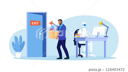Artificial Intelligence is replacing humans. AI robot fires an employee. Unemployment, job loss due to technological progress, layoffs. Robotics industry. Automated labor. Robotic Process Automation 128403472