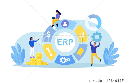 ERP Enterprise resource planning, productivity and company enhancement. Business integration, productivity and company enhancement. Business character consulting of financial operation 128403474