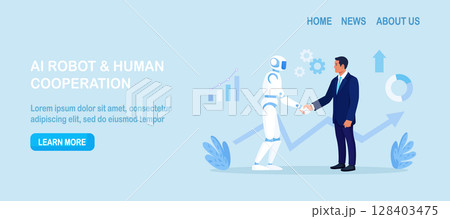 Handshake human and android. Contract with ai robot, technology professional partnership. Businessman and artificial intelligence shaking hands. Future cooperation, technology Advance, innovation 128403475