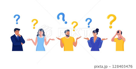 People thinking or solving problem. Frequently asked questions. Characters doubts and questioning everything with question mark. Searching solution 128403476