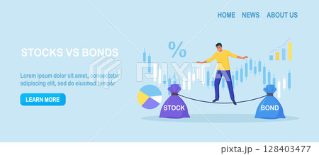 Businessman keep calm balancing on rope, choosing between stocks and bonds. Diversify portfolio investments. Passive invest wealth accumulate. Balanced investment strategy. Finance asset allocation 128403477