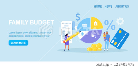 Personal income and expense management. Family budget strategy, planning. Young couple divides the items of expenditure. Control household finance Personal income and expense management. Family budget strategy, planning. Young couple divides the items of expenditure. Control household finance 128403478