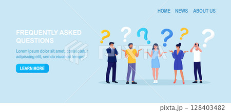 People thinking or solving problem. Frequently asked questions. Characters doubts and questioning everything with question mark. Searching solution 128403482