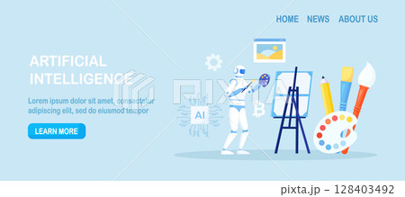 Robot painting creating artwork. Artificial intelligence generating stunning works of art. Robotic technologies in hobbies. AI artist standing and drawing picture with brush 128403492