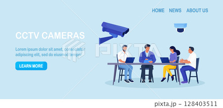 Corporate control. Personal security, face authentication. Video surveillance and CCTV cameras provide safety. Security camera takes pictures of office workers. Protection of workers Corporate control. Personal security, face authentication. Video surveillance and CCTV cameras provide safety. Security camera takes pictures of office workers. Protection of workers 128403511