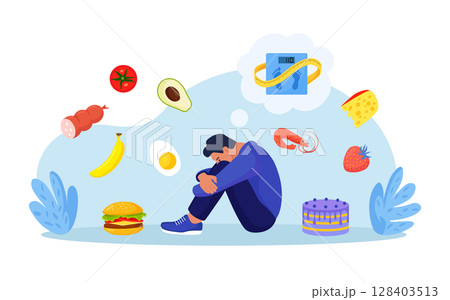 Eating disorders as psychological illness. Excessive weight control, food limitation. Depressed man worrying about his appearance. Addiction to slimming, dieting, mental guilty feeling 128403513