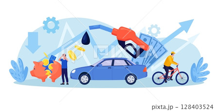 High price for car fuel. People wasting money for gasoline, changing car for bike, scooter. Fuel economy and money savings. Driver refueling auto at gas station with fuel gun 128403524