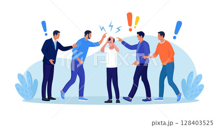 Group of violent people bullying and accusing coworker. Employees point fingers and laugh. Toxic work, abuse, bullying colleagues. Exhausted depressed employee. Angry furious characters yelling at man 128403525