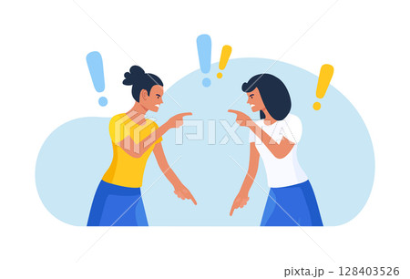 Business conflict, rivalry among colleagues. Two women arguing and fighting. Colleagues debating or misunderstanding. People quarrel and swear. Aggressive characters yell at each other Business conflict, rivalry among colleagues. Two women arguing and fighting. Colleagues debating or misunderstanding. People quarrel and swear. Aggressive characters yell at each other 128403526