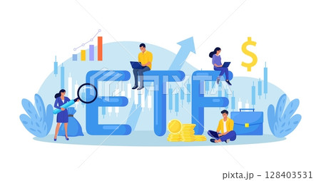 Exchange Traded Funds. ETF. Businessman tracking investment index trading in stock market. Financial broker. Income, investment and saving concept. Business character making financial operation 128403531