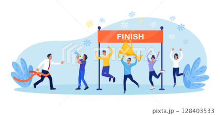 Businessman finished first in a market race. Business success. Winner breaks the finishing tape. Business person takes leadership position, celebrates victory. Goal achievement award Businessman finished first in a market race. Business success. Winner breaks the finishing tape. Business person takes leadership position, celebrates victory. Goal achievement award 128403533