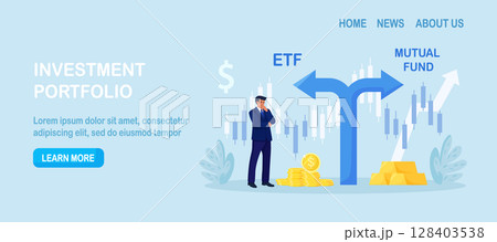 ETF. Exchange traded fund. Index fund or mutual fund. Businessman investor choosing between investing products. Diversified investment portfolio, wealth management and asset allocation. Money question ETF. Exchange traded fund. Index fund or mutual fund. Businessman investor choosing between investing products. Diversified investment portfolio, wealth management and asset allocation. Money question 128403538