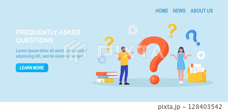Confused man asks questions. People are looking for solutions and asking for help, finding an answer. A man and a woman are discussing near a huge question mark. Problems and uncertainty, indecision 128403542