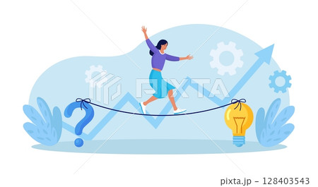 Young woman walking on rope stretched between question mark and light bulb. Finding solutions to problems. Human thoughts process. Problem solving skill, critical thinking. Business innovations 128403543