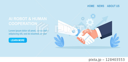 Handshake human and android. Contract with ai robot, technology professional partnership. Businessman and artificial intelligence shaking hands. Future cooperation, technology Advance, innovation Handshake human and android. Contract with ai robot, technology professional partnership. Businessman and artificial intelligence shaking hands. Future cooperation, technology Advance, innovation 128403553