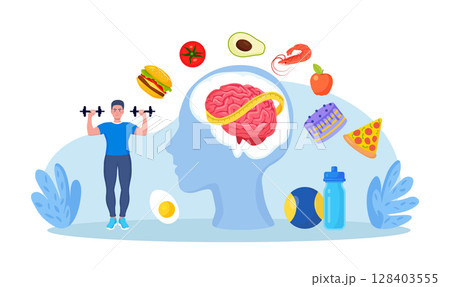 Eating disorders as psychological illness. Excessive weight control, food limitation. Man worrying about her appearance, doing exercise. Addiction to slimming, dieting and mental guilty feeling 128403555