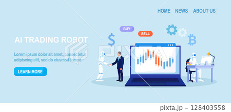 Artificial intelligence, robot trader. Trading bot analyze market data, financial exchange, earning profit. AI for automation trading on stock market. Digital currency market transactions 128403558