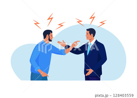 Business conflict, rivalry among colleagues. Two men arguing and fighting. Colleagues debating or misunderstanding. People quarrel and swear. Aggressive characters yell at each other Business conflict, rivalry among colleagues. Two men arguing and fighting. Colleagues debating or misunderstanding. People quarrel and swear. Aggressive characters yell at each other 128403559