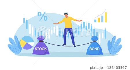 Businessman keep calm balancing on rope, choosing between stocks and bonds. Diversify portfolio investments. Passive invest wealth accumulate. Balanced investment strategy. Finance asset allocation 128403567
