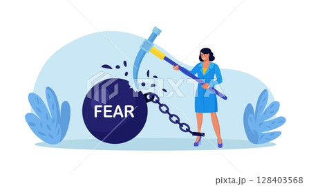 Businessman fighting with fear. Person smashed chained fear ball. Overcome fear, challenge difficulty. Character win over obstacle or difficulty. Confrontation or confidence to defeat fear Businessman fighting with fear. Person smashed chained fear ball. Overcome fear, challenge difficulty. Character win over obstacle or difficulty. Confrontation or confidence to defeat fear 128403568