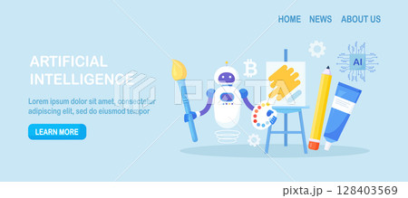 Robot painting creating artwork. Artificial intelligence generating stunning works of art. Robotic technologies in hobbies. AI artist standing and drawing picture with brush 128403569