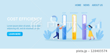 Business cost optimization of services and products. Businessman adjust level for cost, efficiency and quality. Characters reduce price with level meter. Development and growth business 128403574