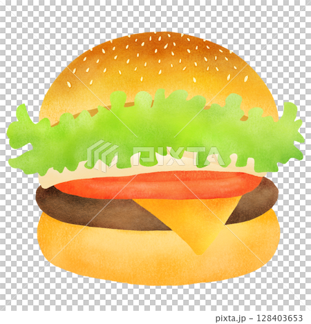 Illustration of a hamburger with fresh vegetables and cheese Illustration of a hamburger with fresh vegetables and cheese 128403653