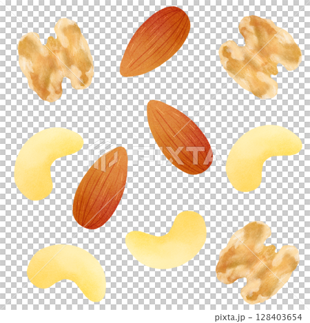 綜合堅果插圖(杏仁、腰果、核桃) 綜合堅果插圖(杏仁、腰果、核桃) 128403654