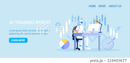 Artificial intelligence, robot trader. Trading bot analyze cryptocurrency market data, financial exchange, earning profit. AI for automation trading on stock market 128403677