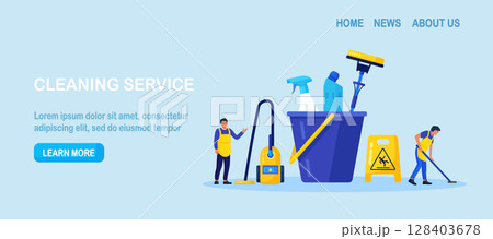 Cleaning service or company. People doing housework. Janitor in uniform washing floor. Professional hygiene service for domestic households. Sanitary chemical products for laundry, floor, toilet 128403678