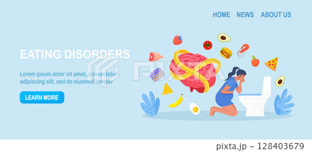 Bulimia nervosa, anorexia disease. Sad unhealthy woman vomiting in toilet. Eating disorders as psychological unhealthy diet illness. Excessive weight control, food limitation. Mental health disorder 128403679