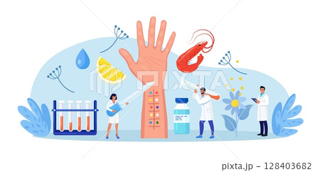 Allergy test. Patient hand with incisions for testing for allergens. Allergology and immunology. Doctors take a blood test to detect allergies 128403682