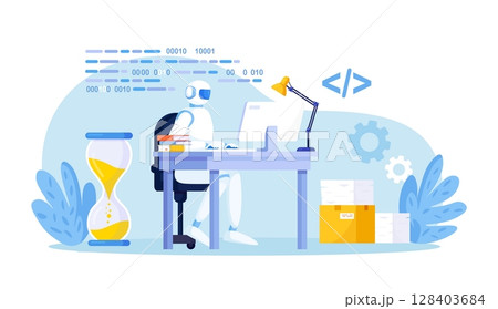 Humanoid robot working at computer in office workspace. Artificial intelligence, AI. Automation business process. Work organization. Project management, software development. Automated business system Humanoid robot working at computer in office workspace. Artificial intelligence, AI. Automation business process. Work organization. Project management, software development. Automated business system 128403684