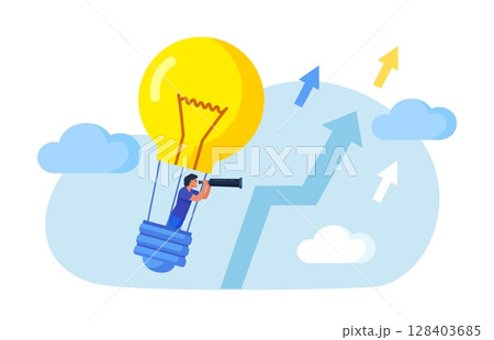 Search for new business idea, opportunity, inspiration. Businessman flying in hot air balloon as light bulb. Person using spyglass, telescope looking for vision, future. Innovation successful project Search for new business idea, opportunity, inspiration. Businessman flying in hot air balloon as light bulb. Person using spyglass, telescope looking for vision, future. Innovation successful project 128403685