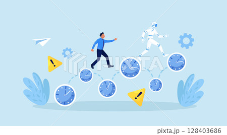Artificial intelligence vs human. Business competition. Business people and robot running race over the clock. Business future automation. Robotic machine and employees. AI robot work efficiency Artificial intelligence vs human. Business competition. Business people and robot running race over the clock. Business future automation. Robotic machine and employees. AI robot work efficiency 128403686